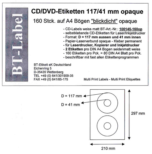 160 CD/DVD Etiketten classic 117/41 mm DIN A4 blickdicht