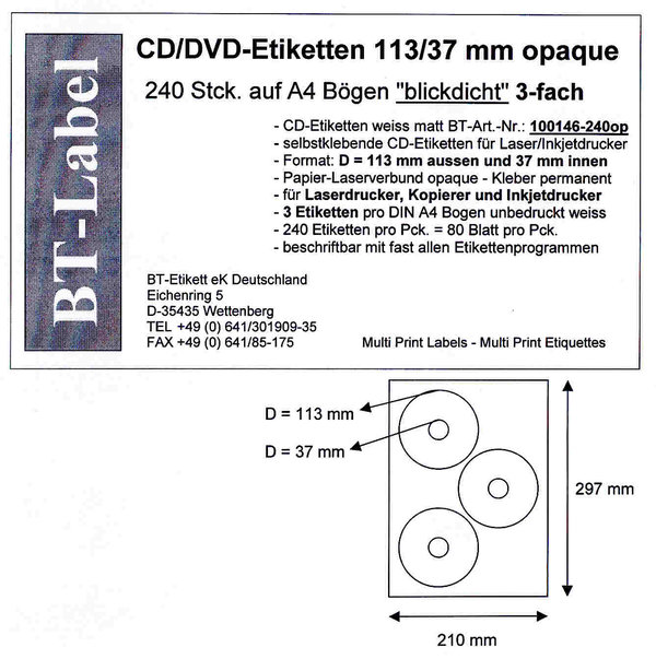 240 CD/DVD Etiketten 3-fach 113/37 mm DIN A4 blickdicht