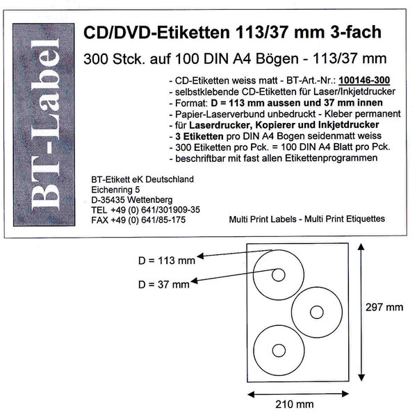 300 CD/DVD Etiketten 3-fach 113/37 mm DIN A4 Standard