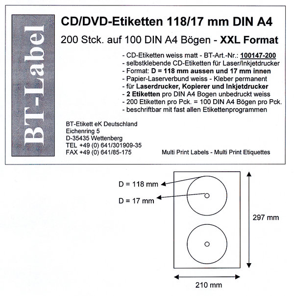 200 CD/DVD Etiketten XXL 118/17 mm DIN A4 Standard