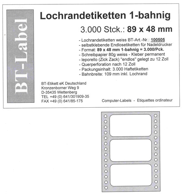 3.000 Stck. Lochrandetiketten 1-bahnig 89 x 48 mm