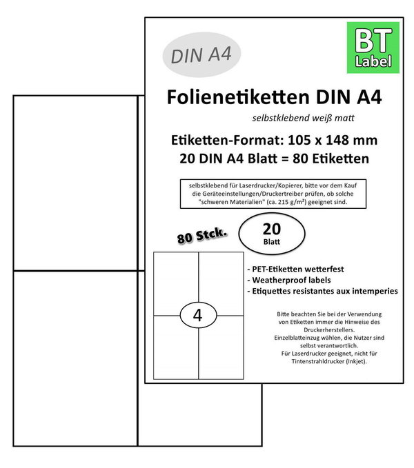 BT-Label 80 Folienetiketten (Format 105 x 148 mm) auf 20 DIN A4 Blatt Wetterfest (4/Blatt)